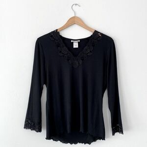 Natori Elegant Black Lace Trim 6/7 Sleeve Blouse Under Layer Sz L NWOT